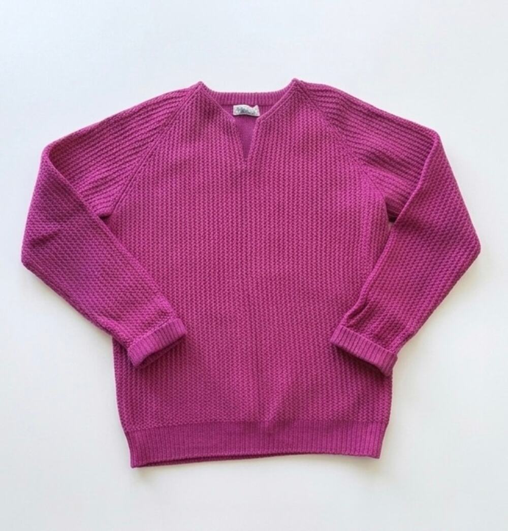 Meggi Vintage Hand Loomed 100% Wool Sweater Fuchsia Pink V-Neck Made in Germany